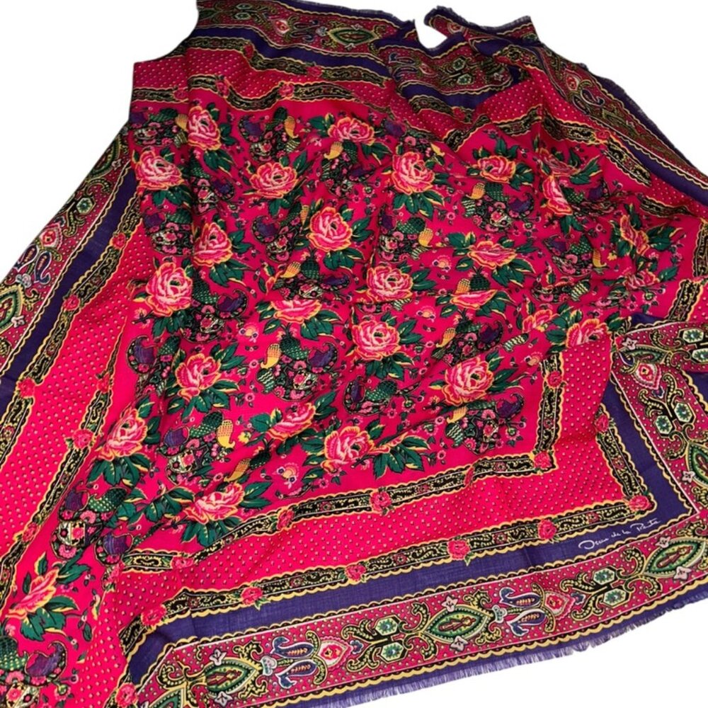 Vintage 90s Wool Challis SPECTACULAR BRIGHT pink purple floral shawl scarf wrap